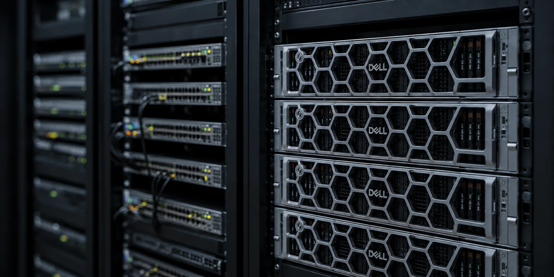 Illustrative Dell PowerEdge R770-style servers with network switches in adjacent racks